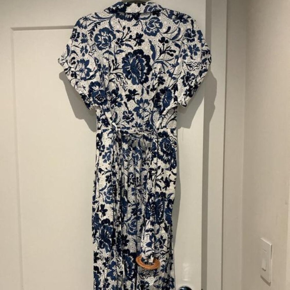 Zara Blue Printed Dress with Openwork Embroidery and Belt